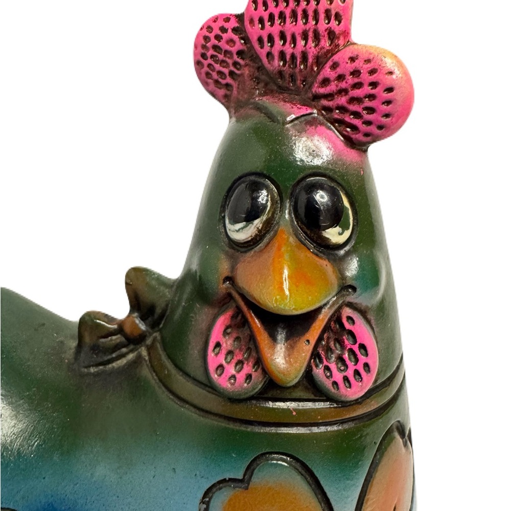 Chicken Feed Vintage Funky Whimsical Hen Chicken Coin Bank Bow Flowers 6.5” Tall - Picture 8 of 12